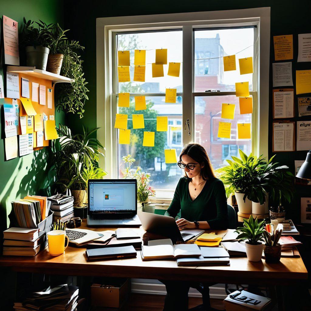 A vibrant workspace featuring a writer surrounded by notebooks, a laptop, and colorful sticky notes, immersed in the creative process. Sunlight streaming through a window casts a warm glow on inspirational posters about blogging and content creation. Include engaging visuals like a cup of coffee and a plant to evoke a personal touch. super-realistic. warm colors. bright and lively atmosphere.