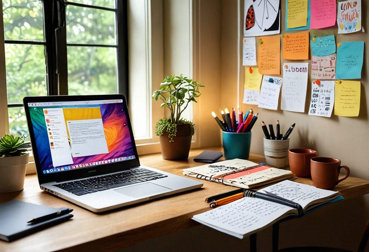 A serene workspace featuring an open laptop displaying a colorful online journal interface, surrounded by creative tools like pens, a sketchbook, and sticky notes. The background includes a wall with inspiring quotes and vibrant artwork. Soft natural light streams in from a window, creating an inviting atmosphere. super-realistic. vibrant colors. cozy setting.