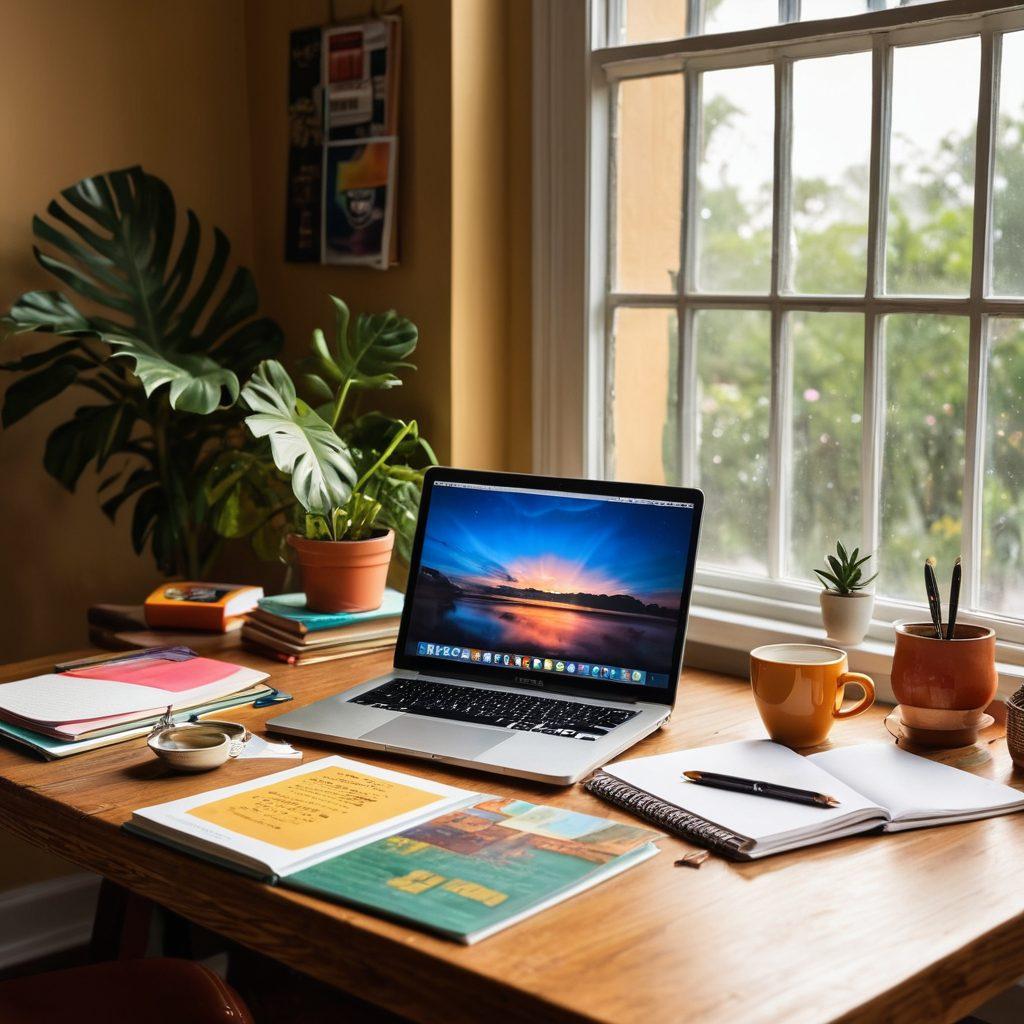 A vibrant and inspiring workspace filled with colorful notebooks, a steaming cup of coffee, and a laptop open to a blog edit page. Sunlight pouring in through a window, creating a warm atmosphere. Surrounding wall art showcasing various lifestyle themes such as travel, food, and wellness to symbolize different blogging niches. The scene invites creativity and productivity. super-realistic. vibrant colors. warm lighting.